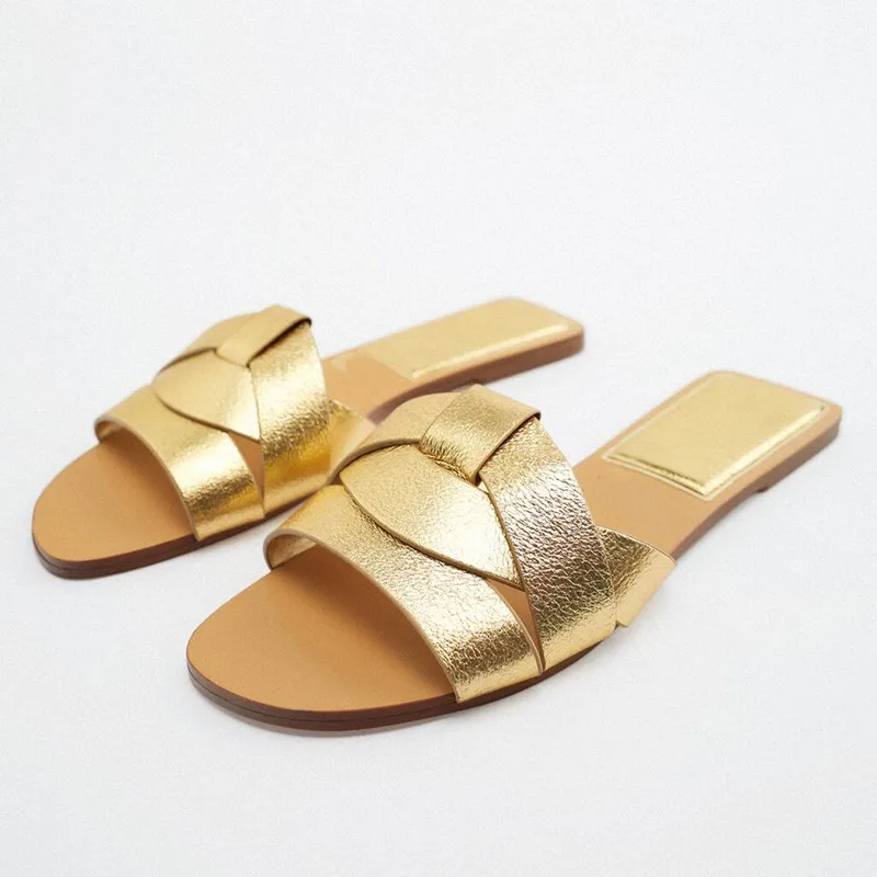 TRAF Leather Slipper For Women 2024 Gold Casual Flat Shoes Female Summer Beach Sandals Woman Comfortable Streetwear Flats Shoes