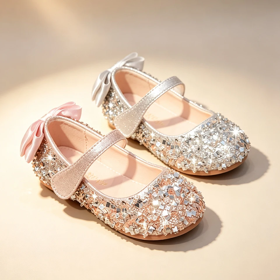 Girls Sparkly Sequin Rhinestone Mary Jane Flats Shoes Fancy Princess Footwear for Wedding Birthday Party Pageant Formal Events