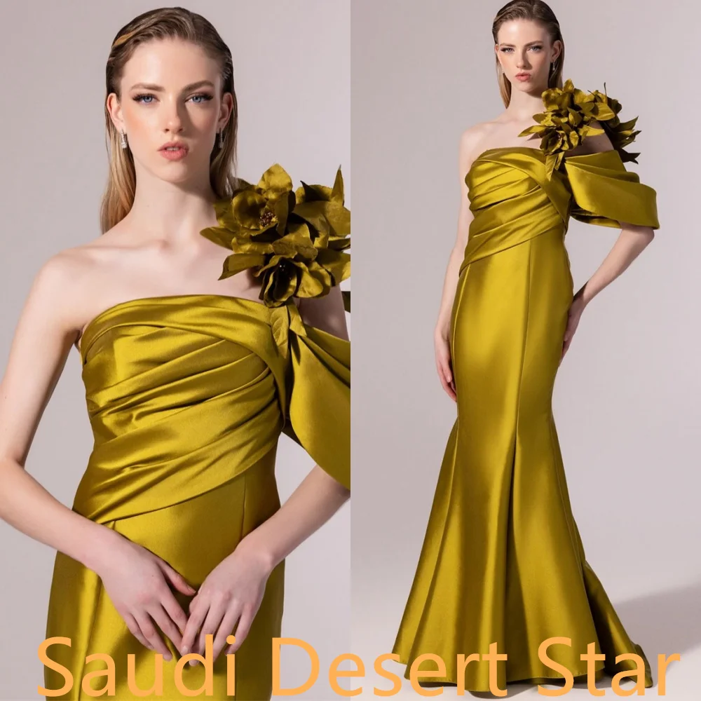 تخصيص مزاجه الأصفر الساتان فساتين المشاهير الرسمية كتف واحد Ruched الزهور حورية البحر سستة الظهر Vestido De Noche #2