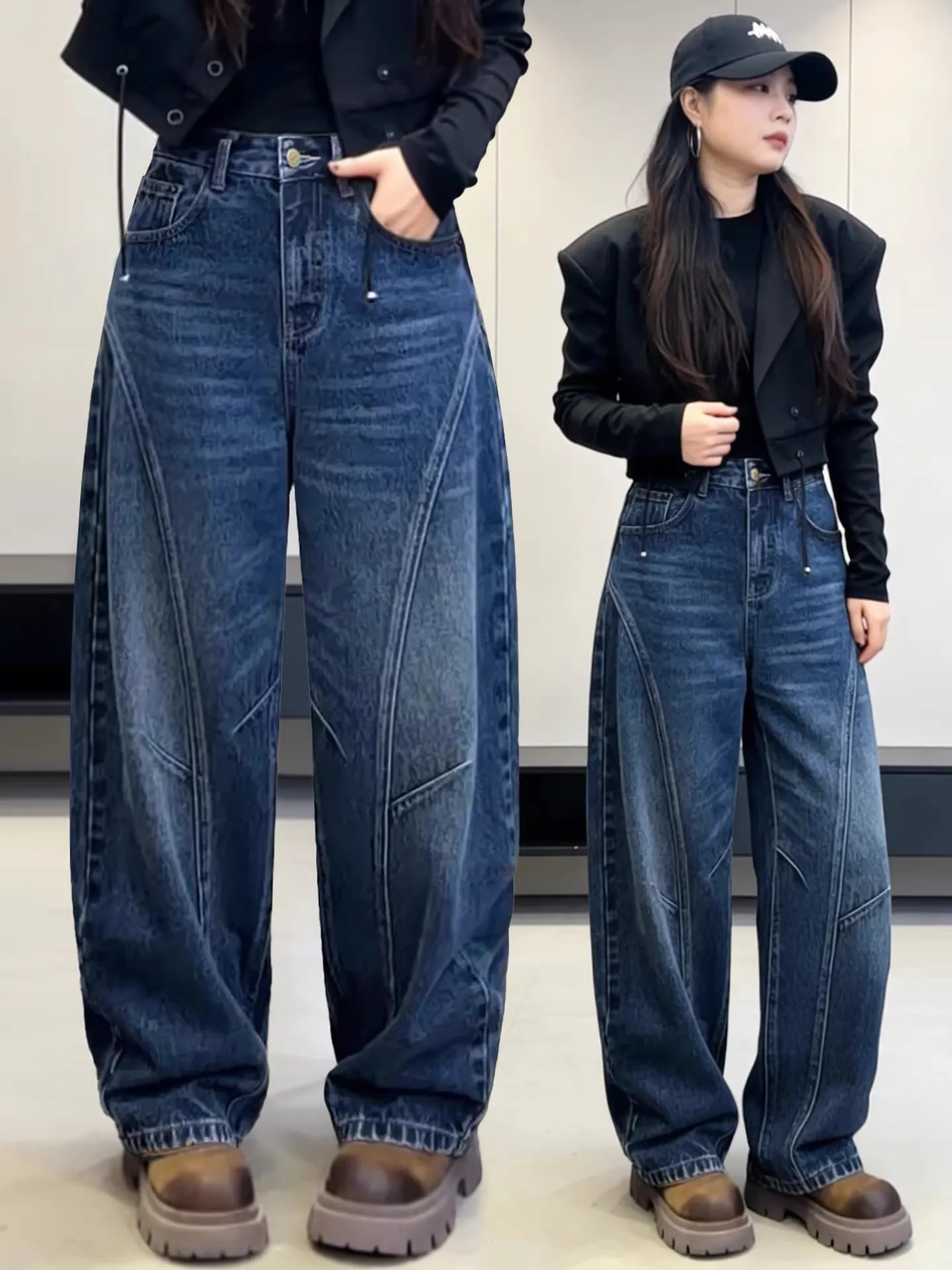 

Джинсы женские с высокой талией, широкими штанинами, облегающие, весна-осень, новый стиль, джинсовые брюки с эффектом потертости, повседневные, удобные, дышащие