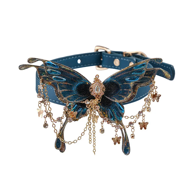 Adult Games Genuine Leather Choker Collar with Blue Butterfly & Gold Chain, Adjustable Luxury Bondage Collar for Couples Sex Toy