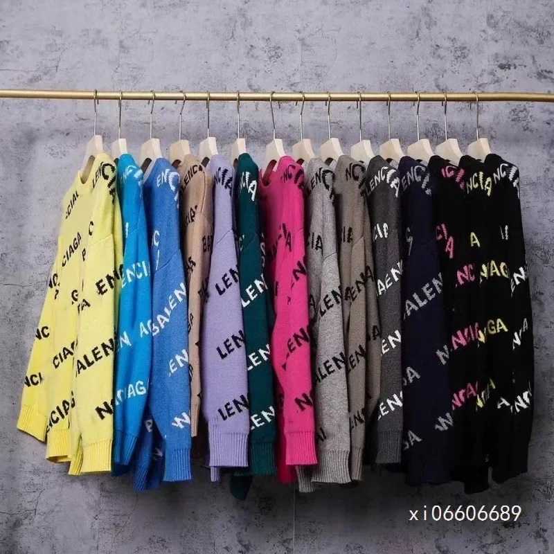 B- Home Paris العصرية 800 جرام سميكة طبقة مزدوجة كامل طباعة رسالة محبوك سترة عالية الشارع سترة العصرية طاقم الرقبة البلوز