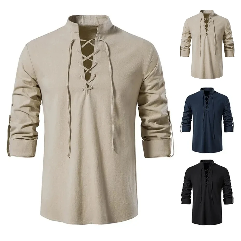 Men Vintage Viking Lace‑Up V‑Neck Long‑Sleeve Shirt, Tops With Adjustable Cuffs for Halloween Renaissance Cosplay Party