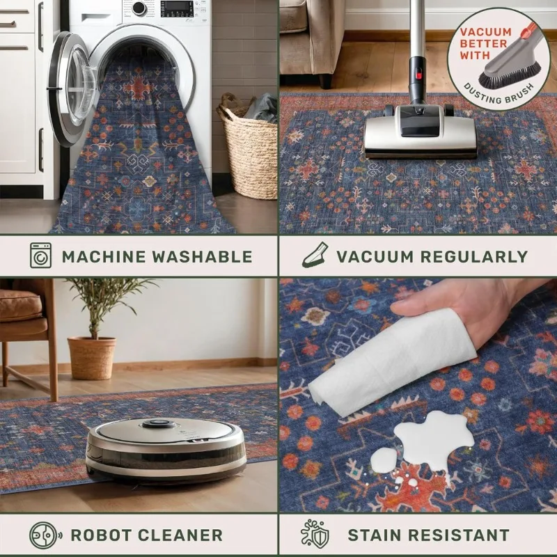 سجادة منطقة 8 × 10 قابلة للغسل باللون الأزرق الداكن، سجادة منخفضة الكومة غير قابلة للانزلاق من المطاط المقاوم للبقع، سجادة ديكور بوهو لغرفة المعيشة وغرفة النوم #4