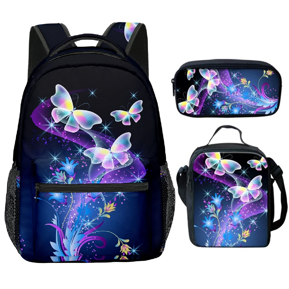Cartoon Youthful Beautiful butterfly 3D Print 3pcs/Set School Bags Laptop Daypack Backpack Crossbody Lunch bag Pencil Case
