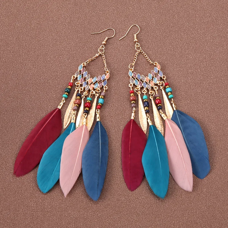 Bohemian Ethnische Lange Feder Ohrringe Boho Wasser Tropfen Gold Farbe Kette Quaste Ohrringe für Frauen Braut Hochzeit Schmuck – Detail 38