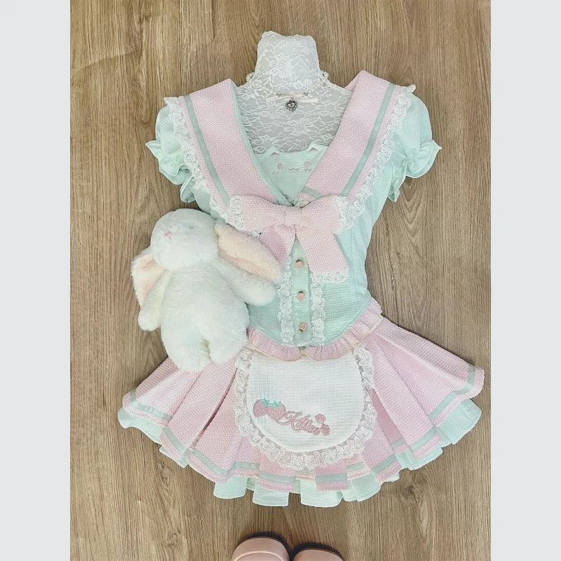 

Sweet Girl Cute Bow Age-reducing Contrasting Top Summer New Short-sleeved Skirt Set Women's Two-piece Set Sexy Gay Bodysuit