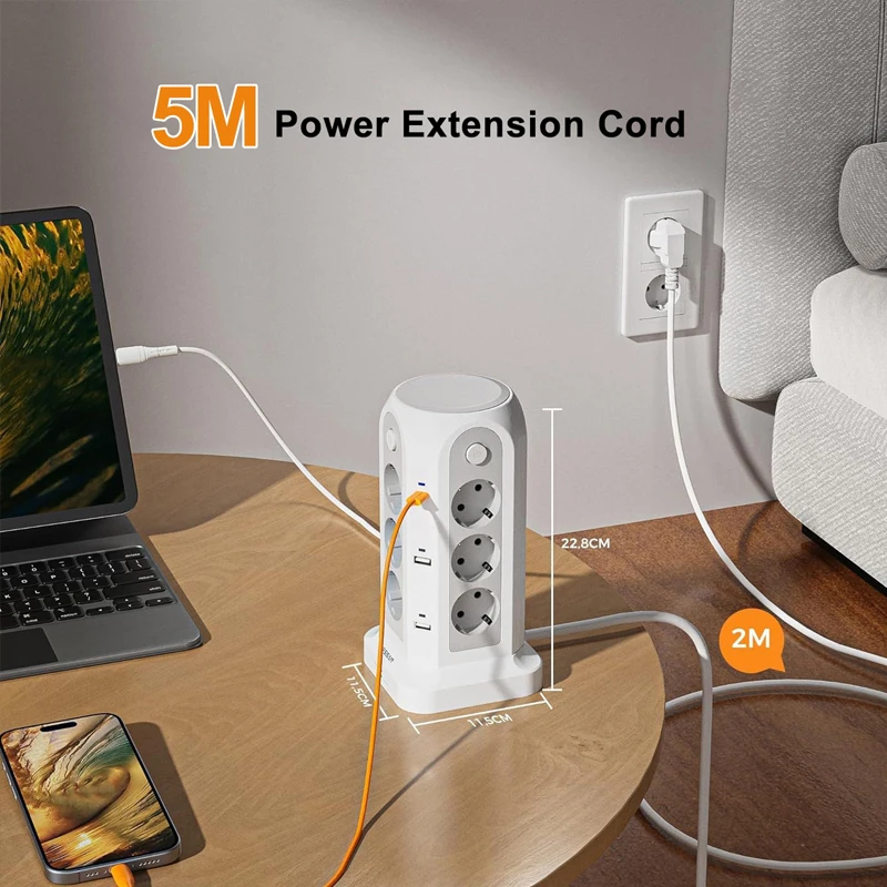 Multi Socket Power Strip with 12 Outlet 4 USB 2 Type C 4 Switches 18 In 1 Tower Socket Surge Protection 2M/5M Extension Cord