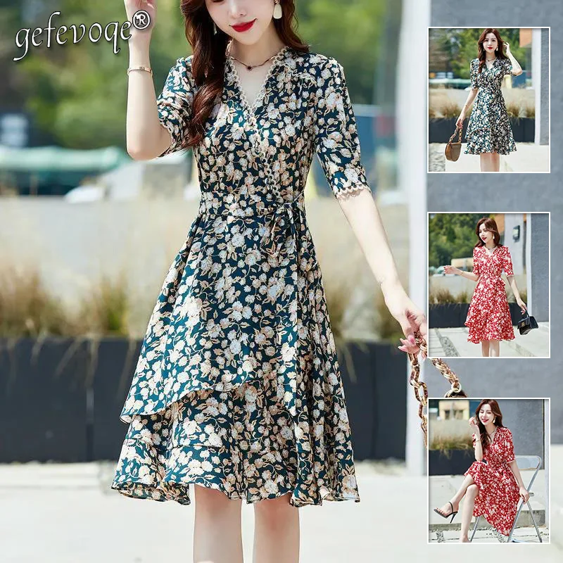 

Elegant Floral Print Ruffles Lace Dresses Summer 2023 New Short Sleeve V-Neck Chiffon Slim Pullovers Midi Dress Women's Clothing