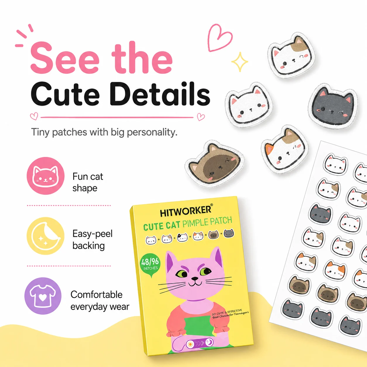 48/96Pcs Cute Cat Shaped Acne Pimple Patches, Cartoon Hydrocolloid Blemish Stickers, Invisible Spot Covers for Facial Skin Care
