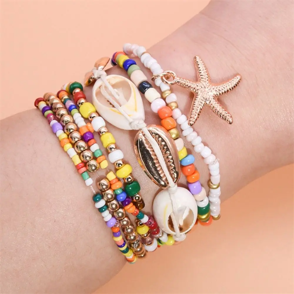 Sea Shell Bohemian Rice Beads Bracelet Set Fashion Exquisite Starfish Pendant Bracelets Multilayer Multicolored Ankle Bracelet