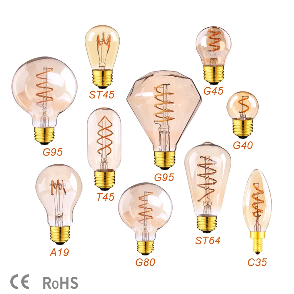 

Edison Spiral Bulbs G40 T45 ST64 A19 G95 G80 E27 220V Dimmable LED Bulb Filament Light 3W 2200K Diamond Gold Lampada led