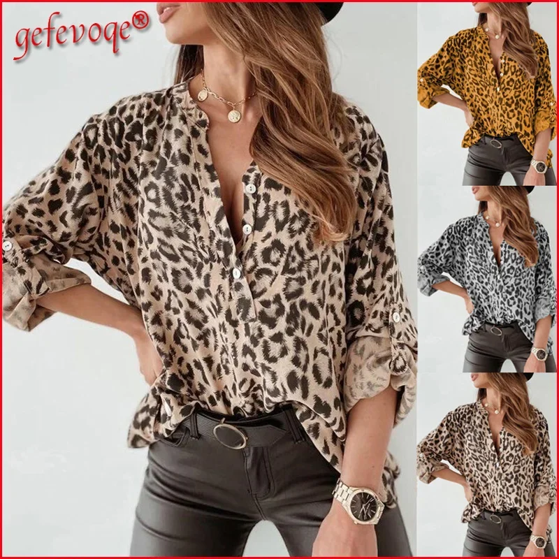 Spring Autumn Leopard Print Sexy Blouse Women Loose Casual Long Sleeve Chiffon Female Shirt Elegant Cardigan Office Lady Clothes