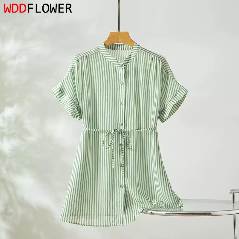 100% Mulberry Silk Crepe Silk Women Shirt Green Stripes Printed Button Down Short Sleeve Top Blouse Summer Work Office QQ092