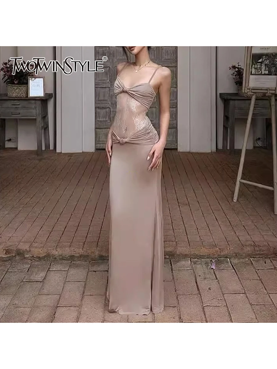 TWOTWINSTYLE minceur pure épissé plis Sexy longues robes pour les femmes col carré sans manches Patchwork dentelle robe femme mode