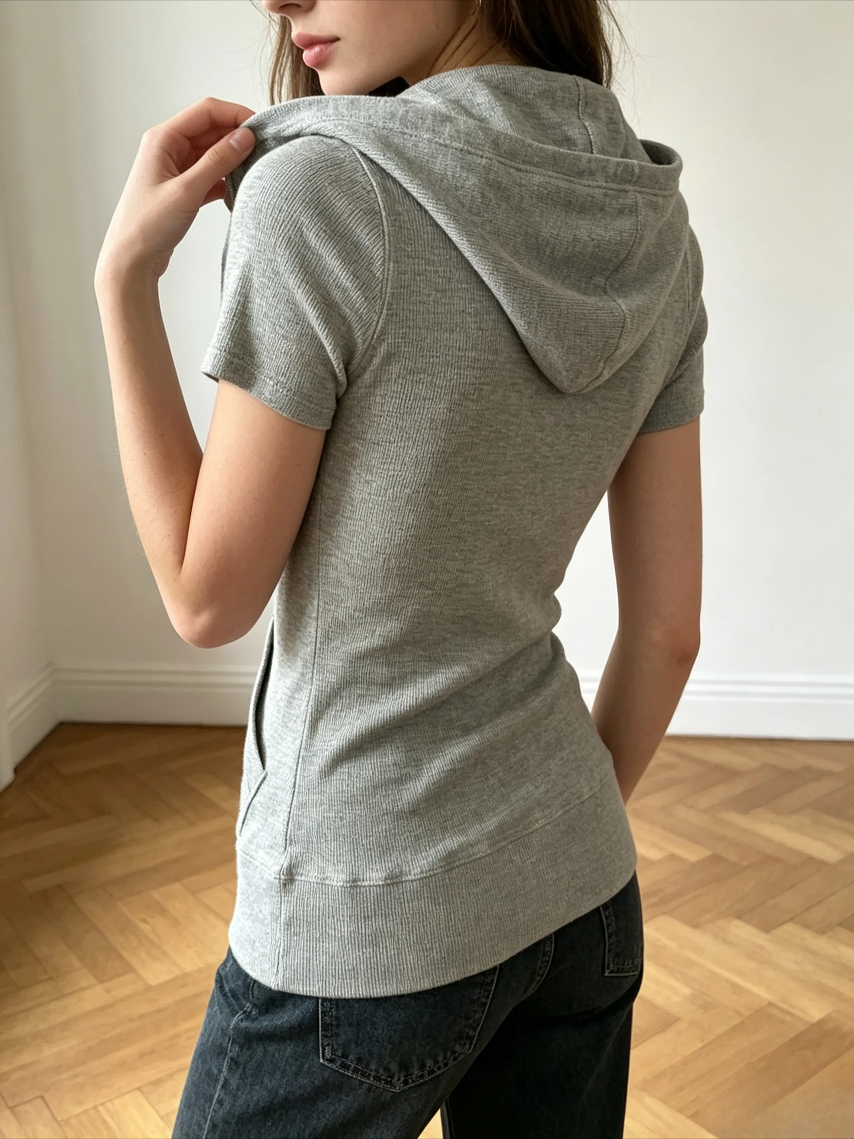 Heather Gray Y2K Hooded Short Sleeve Top Ribbed Knit Half Button Neck Tee Front Kangaroo Pocket Retro Slim Summer Street Fashion