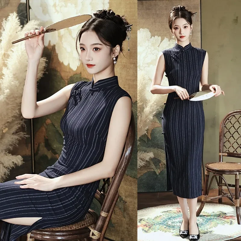 

Женское 2024, новое старое Шанхайское китайское платье Cheongsam Qipao, женское хлопково-льняное повседневное платье без рукавов в стиле ретро, уличная юбка