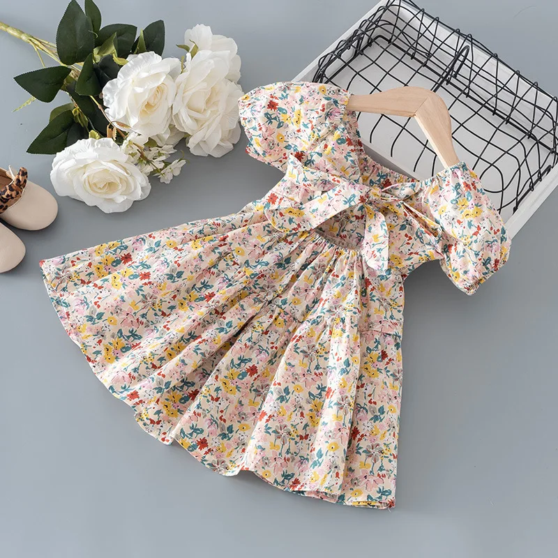 

Girls Floral Dress Casual and Fashionable New Summer Comfortable and All-match Floral Bow Princess Dress