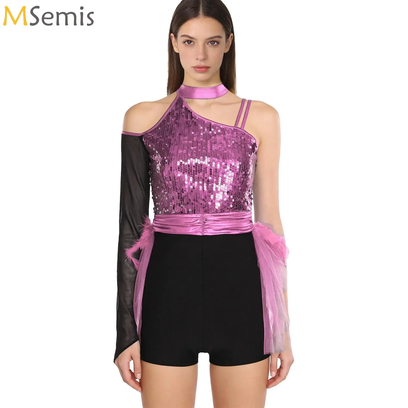 

Womens Spanish Dance Irregular Bodysuit Single Long Sleeve Shiny Sequin Feather Tiered Tulle Rompers Jumpsuit for Latin Chacha