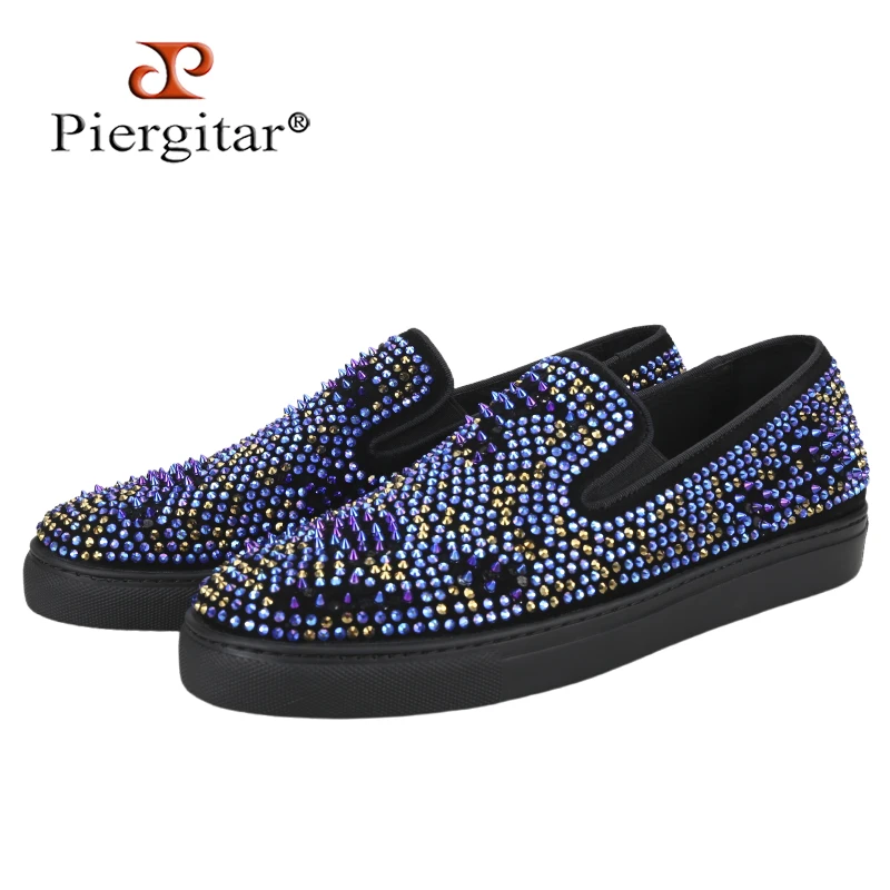 Piergitar 2026 Black Suede With Handmade Mixed Colors Rivets And Crystals Men's Sneakers Luxury Brand Same Model Low-Top Shoes