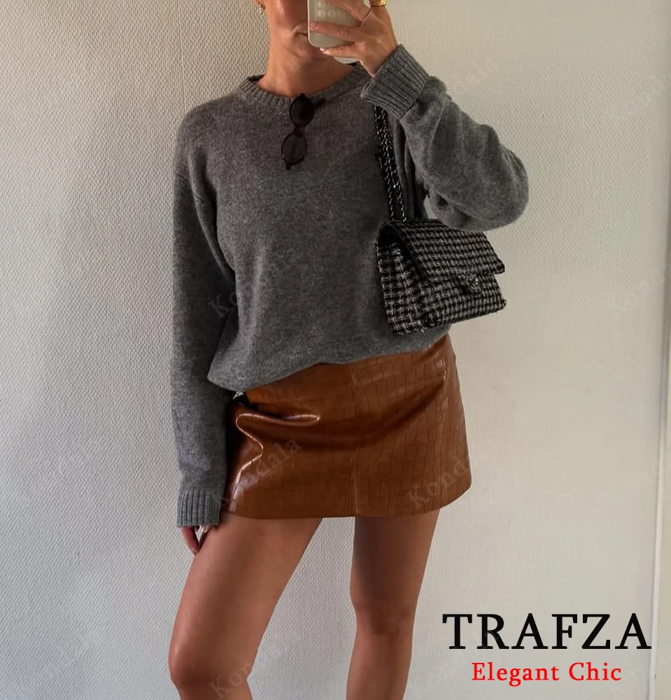 

KONDALA Autumn Women Elegant Minimalist Sweater Grey O-Neck Knitted Pullover Tops 2025 Fall Winter Casual Versatile Lady Sweater