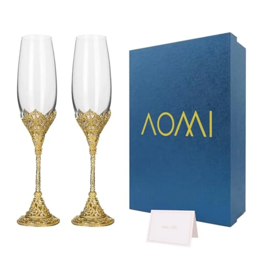 

Wedding Champagne Flutes Toasting Glasses Luxurious Crystal- 7oz Studded Champagne Glasses Set Elegant Etched Flute Pair with G