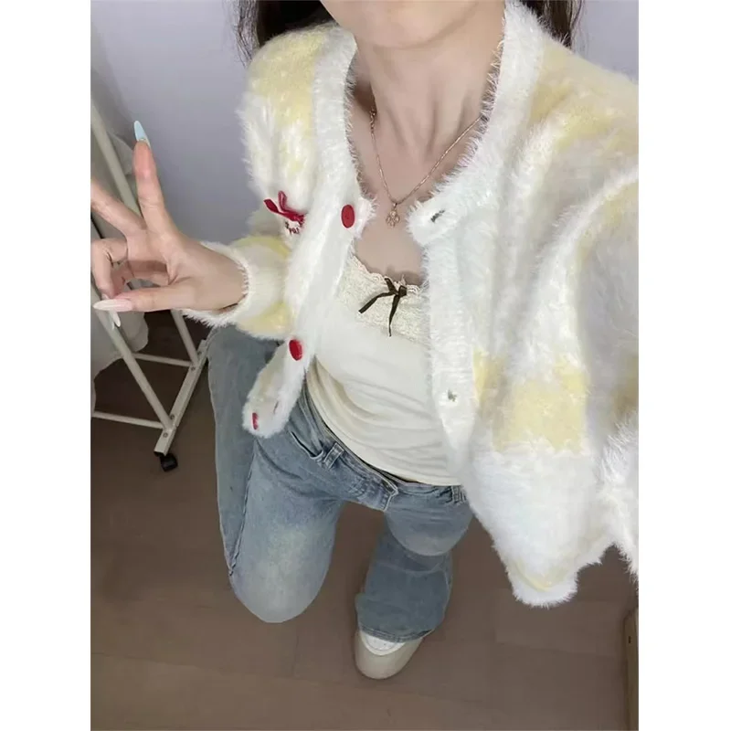 Women's Clothing Fashion Gradient Soft Thick Wool Knitted Cardigan Autumn Winter Casual Loose O-neck Commute Yellow Sweaters