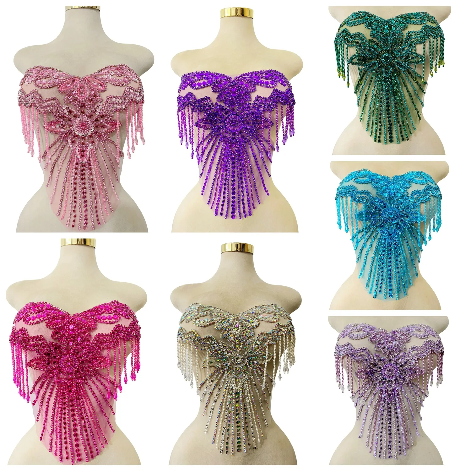 14 Colors Luxury Striped Beading Crystal Accessories Fabric Sweetheart Evening Cocktail Dress Tassel Beaded Material