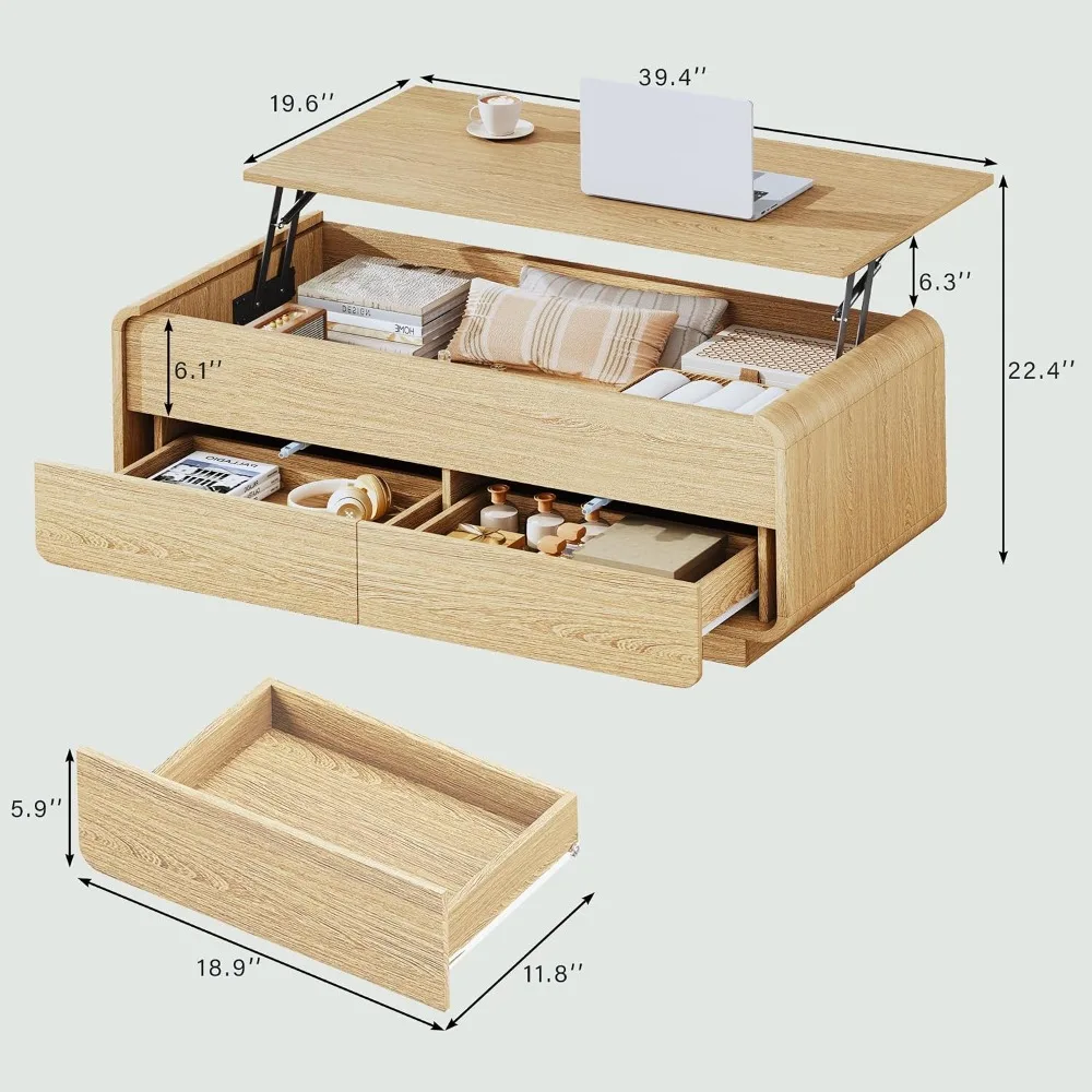 Lift Top Coffee Table with Storage, 2-Tier Center Table with 2 Drawers, Curved Design, Natural Oak