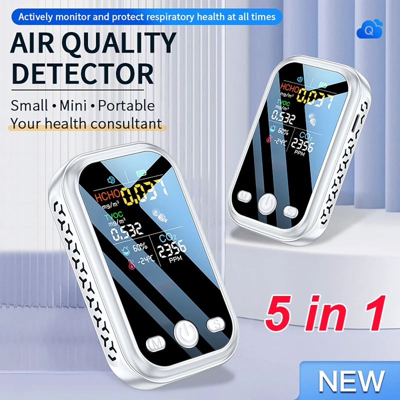 

Мини-детектор CO2 5 в 1, монитор, измеритель, многофункциональный детектор качества воздуха, углекислого газа, портативный датчик температуры и влажности