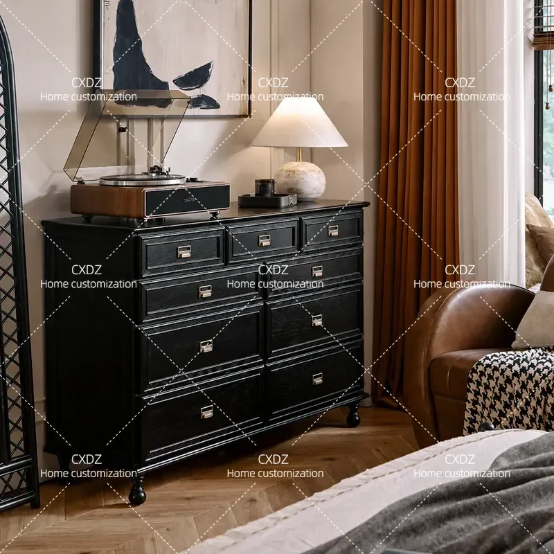 American Pure Solid Wood Retro 9 Drawer Chest Cabinet Multi Layer Storage Unit for Bedroom Living Room Entrance Hallway