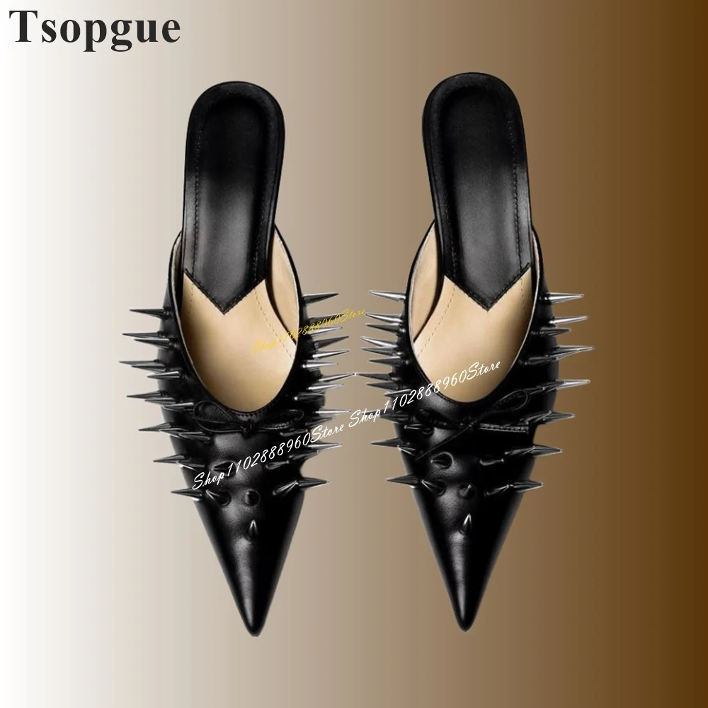 

Sexy Black Matte Leather Rivet Bowknot Decor Slippers Thin High Heel Women Shoes Slip On Pointed Toe 2024 Zapatos Para Mujere