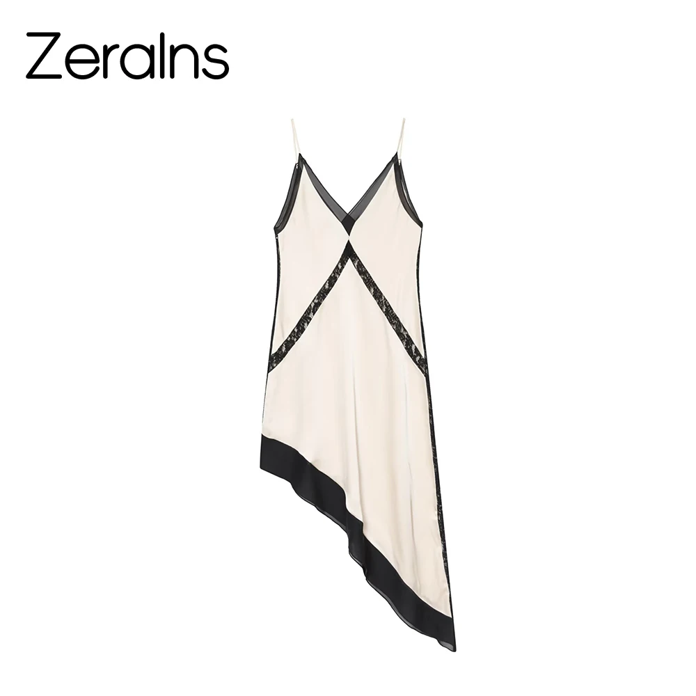 ZERAINS 2025, neues Winterprodukt, französisches, sexy, asymmetrisches Midikleid aus Satin mit Spitze und Riemen