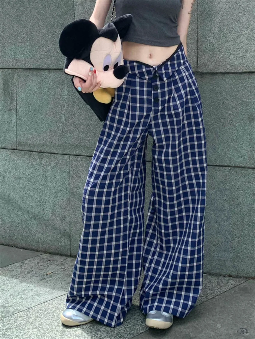 

PLAMTEE High Street Pants Women Loose Plaid Casual New Wide Leg Summer Cotton Mujer 2024 Striaght Fashion Slim Office Lady