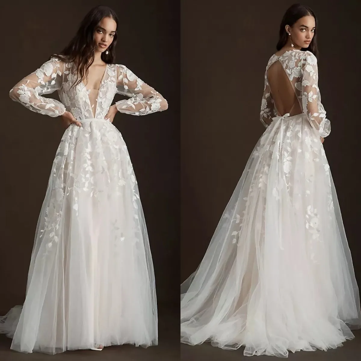 

Sheer Deep V Neck Wedding Dresses Women Backless Lace Applique Long Sleeve Vestido De Novia Tulle Customise Bridal Gown