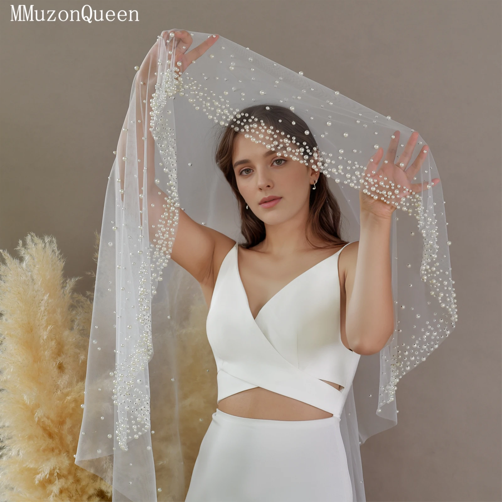 TOPQUEEN V263 Ins Hot Sale Handmade Factory Ivory Soft Tulle Pearl Bridal Veil Custom Vintage Evenly Distributed Pearls