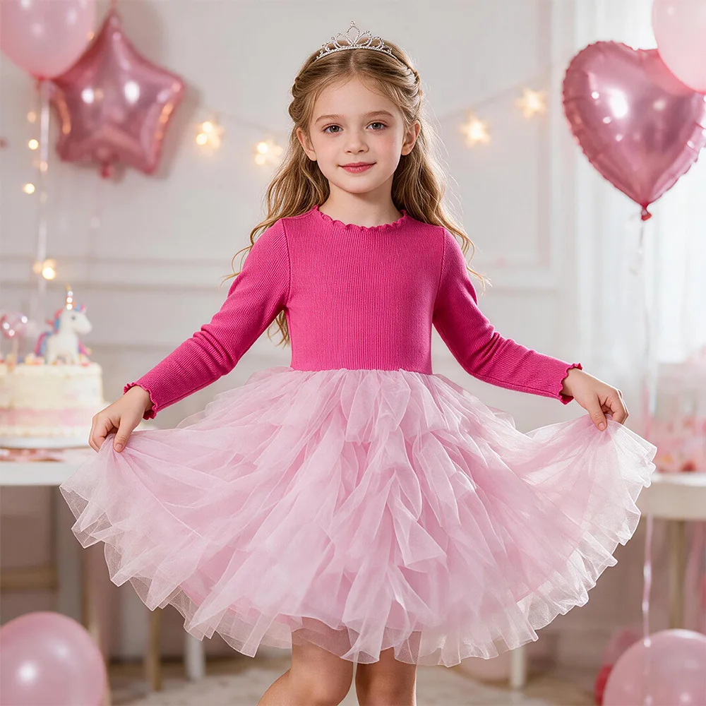 Rosa Strick-Tüllkleid für Kinder, Mädchen Weiches Baumwoll-Langarmkleid, Flauschiges Mesh-Tutu-Kleid, Mädchen Geburtstagsparty Süßes Elegantes Alltagskleid – Detail 3