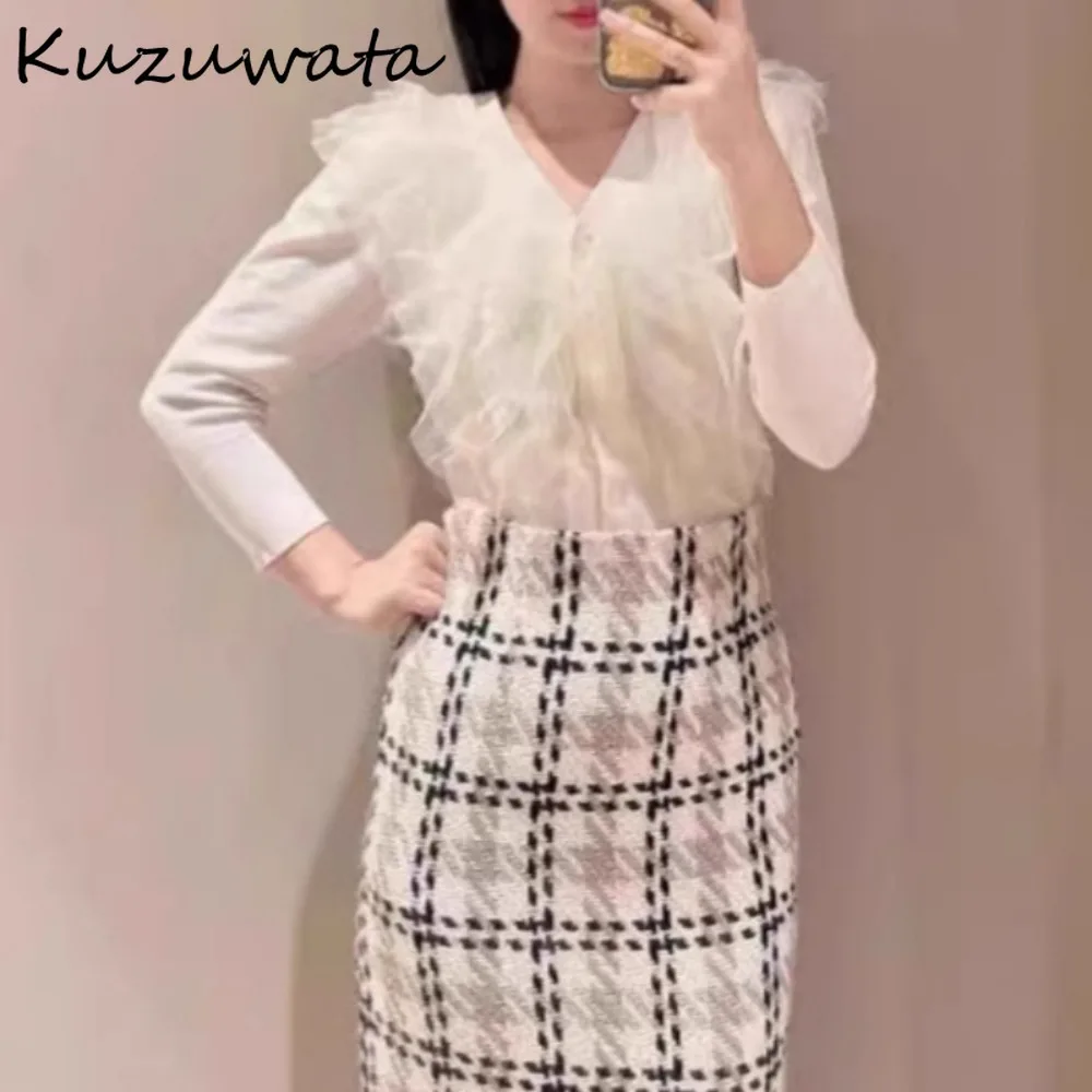 Kuzuwata Sweet V Neck Short Mesh Patchwork Jumper Elegant Office Lady Mesh Sweaters Japan Fungus All-match Exquisite Cardigan