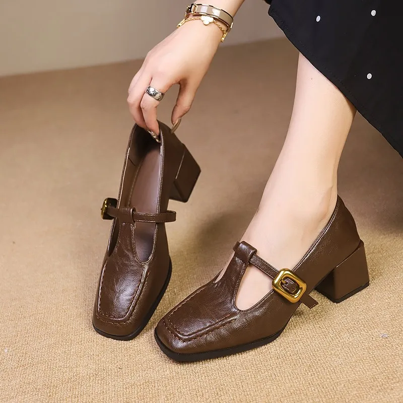 Fashionable Womens Single Shoes with Buckle Middle Heel Square Toe Anti Slip Spring Autumn Outdoor PU Coffee/black Low Top Shoes