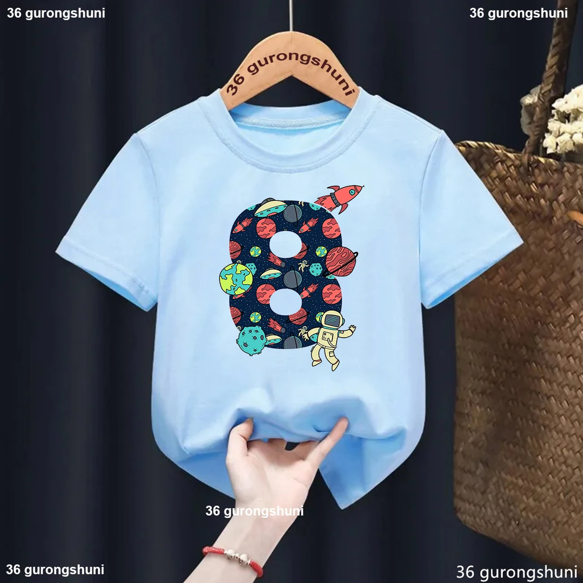 Camiseta con estampado de astronautas y espacio para niños, ropa divertida de verano, blanco, gris, azul, amarillo, 8 cumpleaños