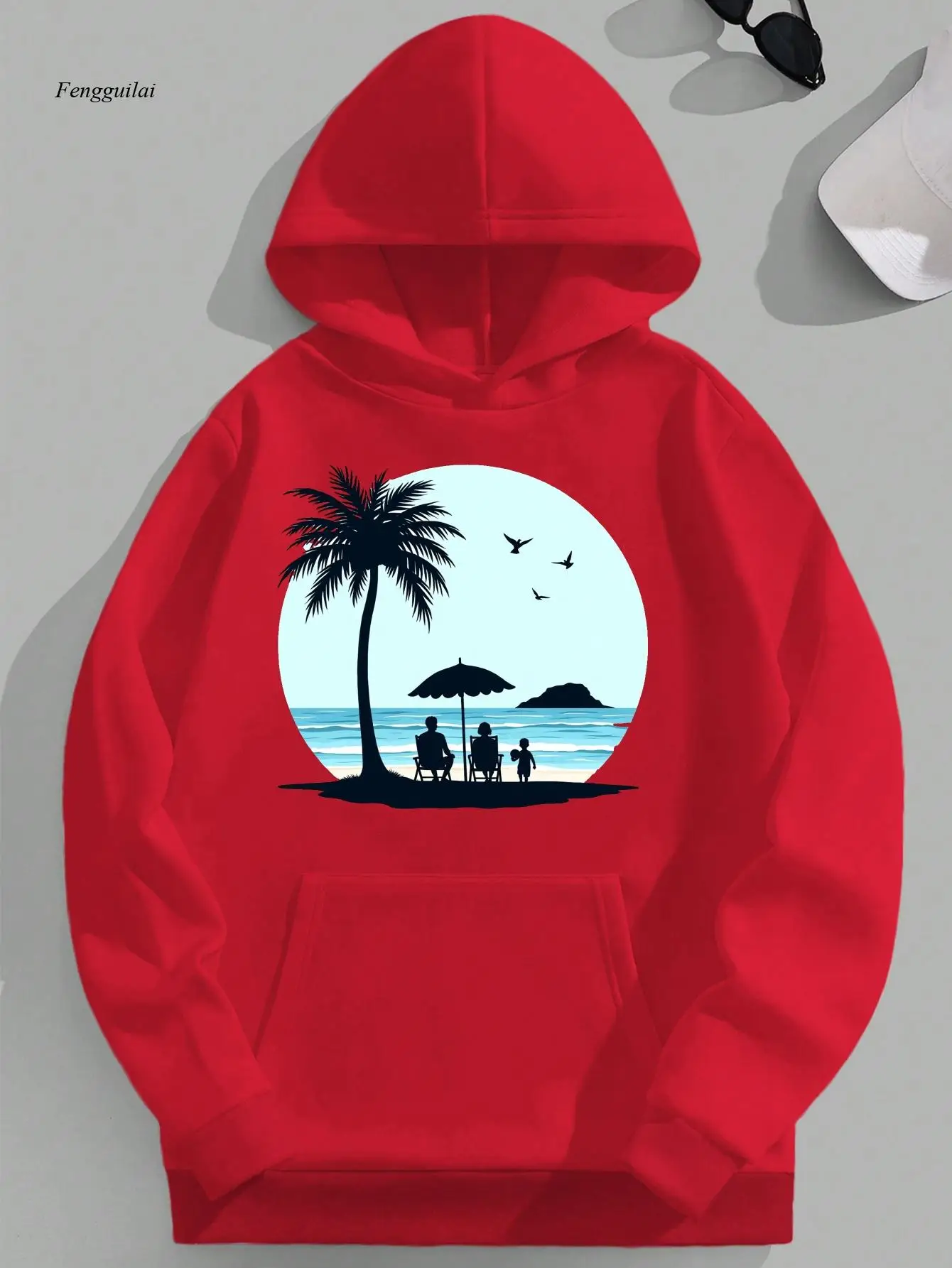 Hoodie with Serene Beach Scene Print - Casual Loose Fit, Long Sleeve Sweatshirt for Casual Attire, Beach Themed Clothing
