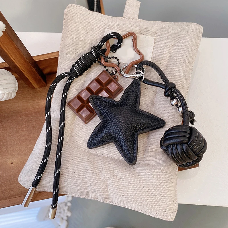 PU Leather Five Pointed Star Bag Pendant Woven Rope Hanging Leather Star Keychain Trinket  Star and Ball Pendant Charm