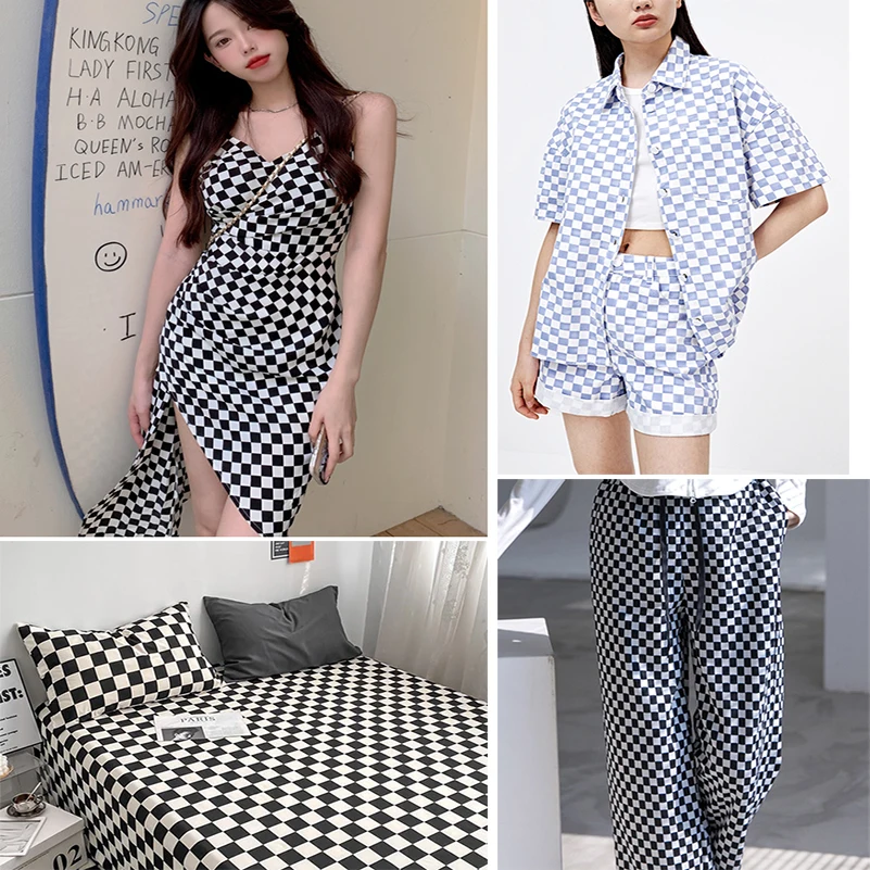 Checkerboard Grid Fabric Pure Cotton Twill Plaid Black White Chess Board for DIY Handmade by Half Meter