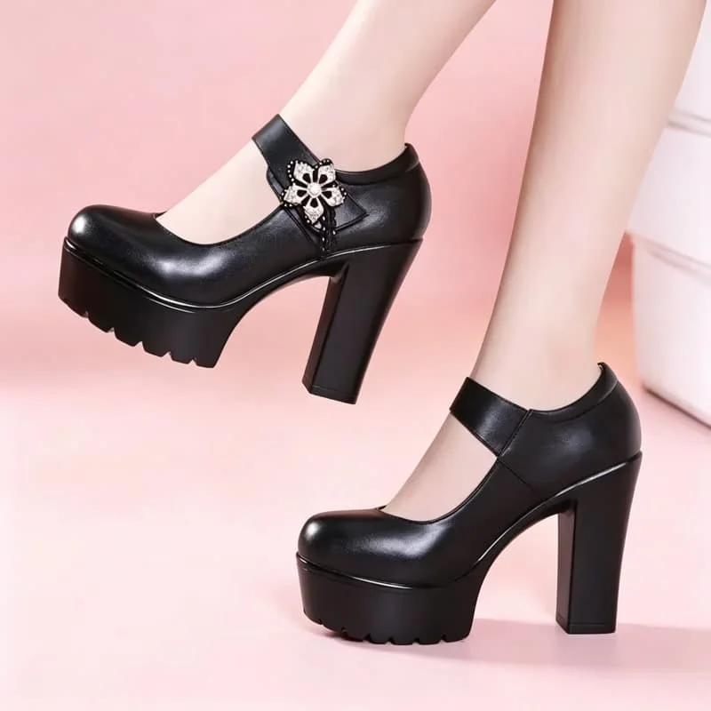 

11cm 13cm Small Size 32-43 Extreme Block High Heels Shoes Mary Janes Spring 2026 Soft Leather Chunky Platform Pumps Model Party