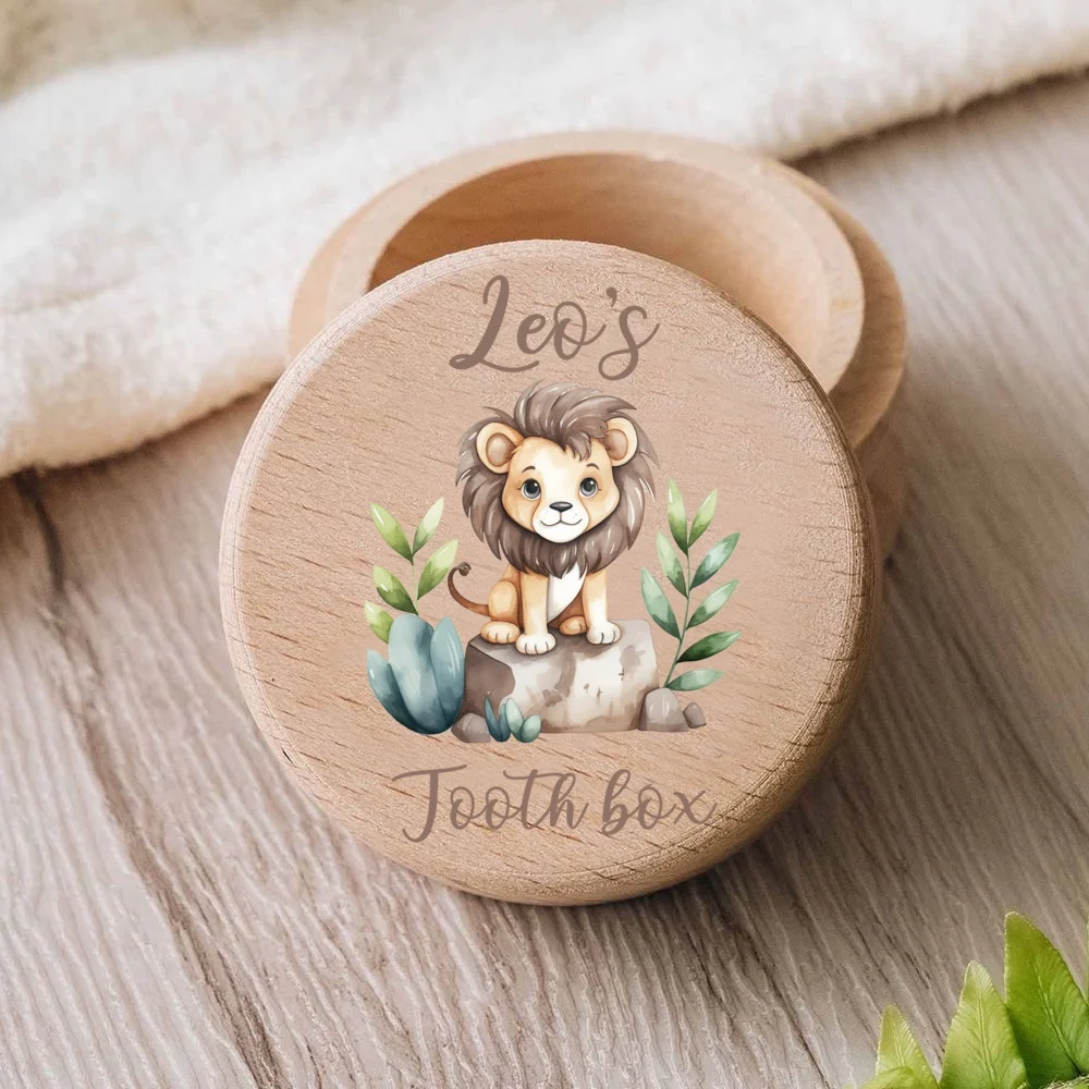 Personalised Baby Tooth Box  Wooden Milk Teeth Storage Collect Teeth Umbilical Save Boxes Safari Animal with Name Keepsake Gift