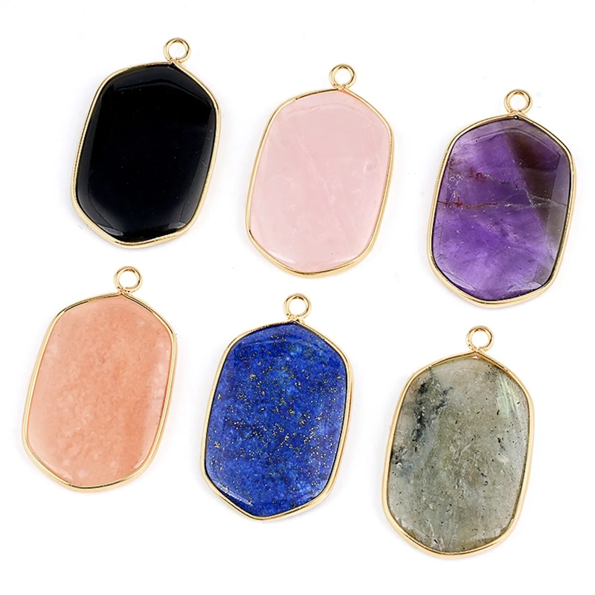 New Fashion Natural Gemstone Hexagonal Pendants for DIY Making Jewelry Luxury Gold Edge Crystal Stone Charms Women Gift