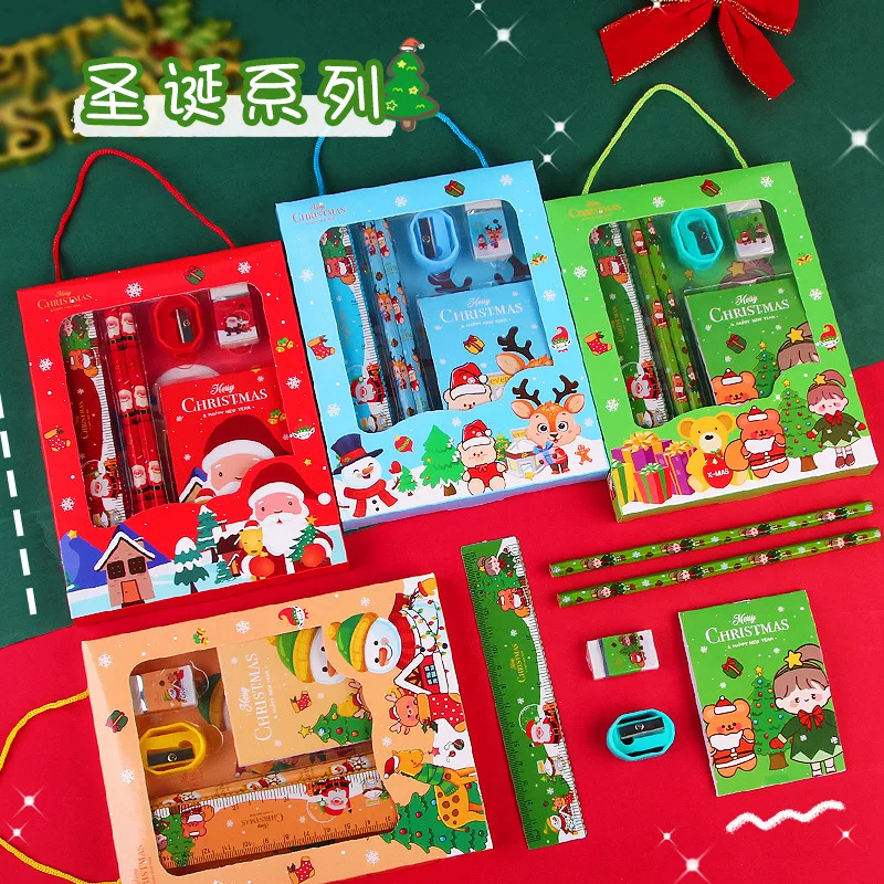 6Pcs/set Christmas Stationery Set Pencil Sharpener Erasers Children\'s Pencils Gift Kawaii School Stationery Supplies