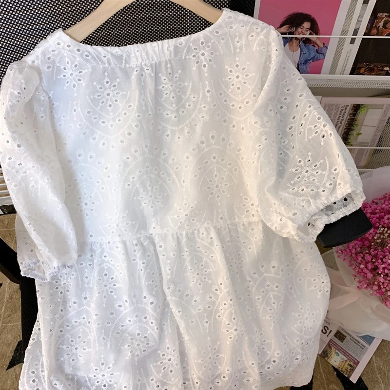 Summer Elegant Lace Women Blouse Fashion Short Sleeve Hollow Out White Embroidery Shirts Casual Loose Puff Sleeve Tops