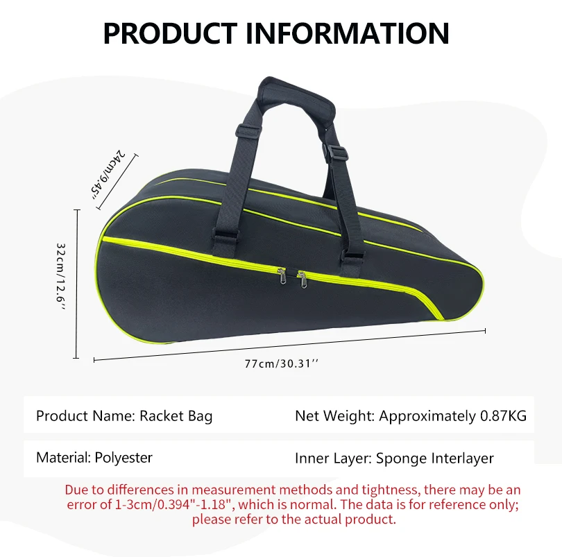 Jusenda Tennis Racket Bag Outdoor Large Capacity Sporting Tennis Bag Dry&wet Separation Bag Can Hold 2 Rackets