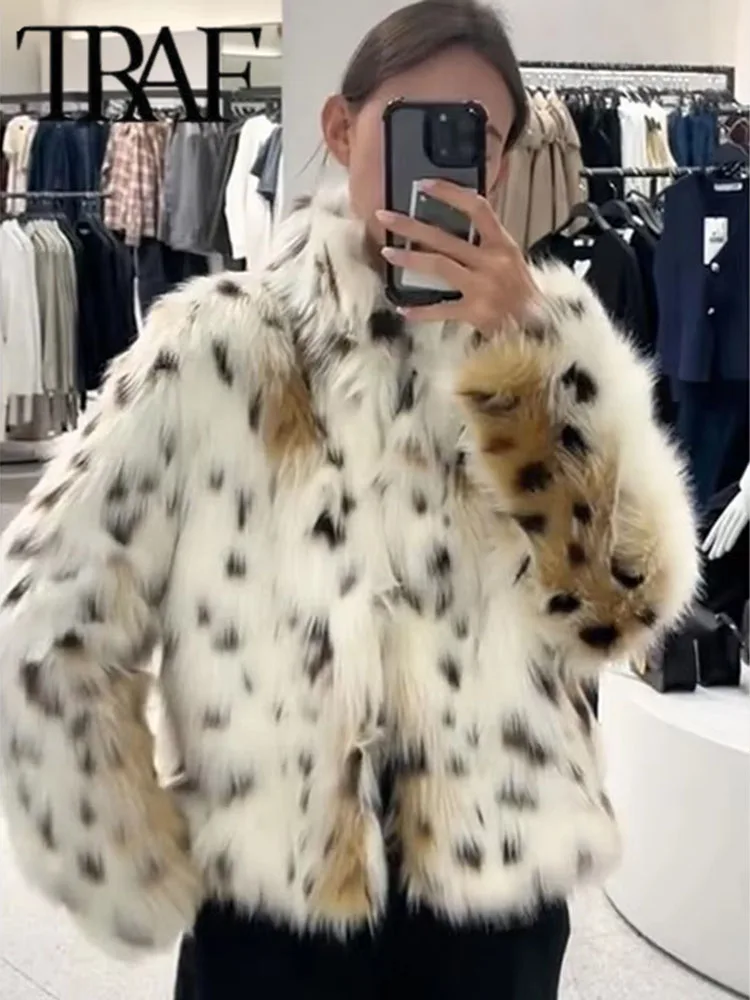 TRAF Elegant Print Women\'s Faux Fur Coat Chic Long Sleeve Warm Fluffy Plush Jacket New 2024 Autumn Winter Ladies Thick Outerwear